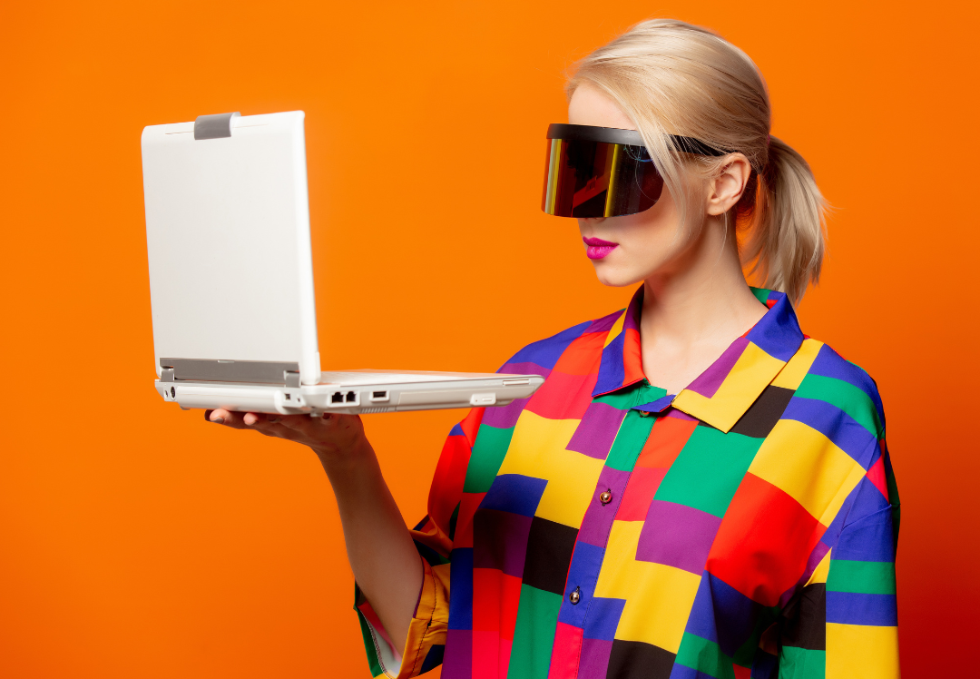 Style blonde in 90s clothes with notebook and VR glasses