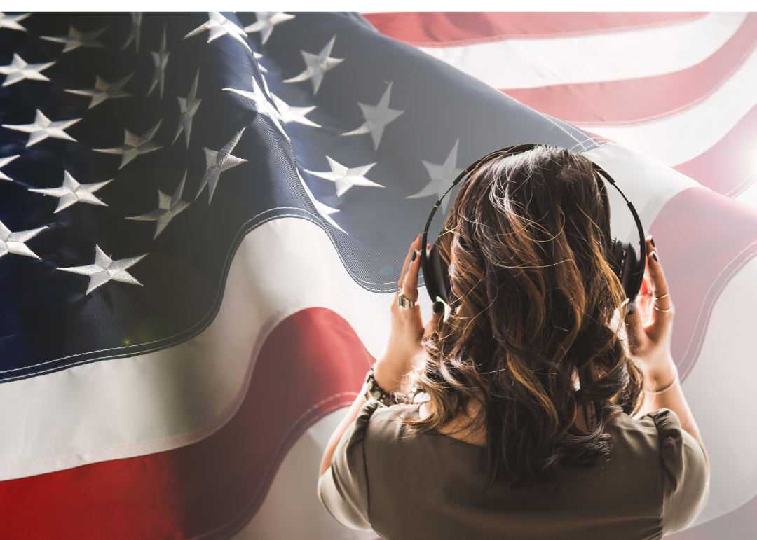 USA Flag in the background with a young women with shoulder length hair back on with headphones. 2024 Is the podcast election.