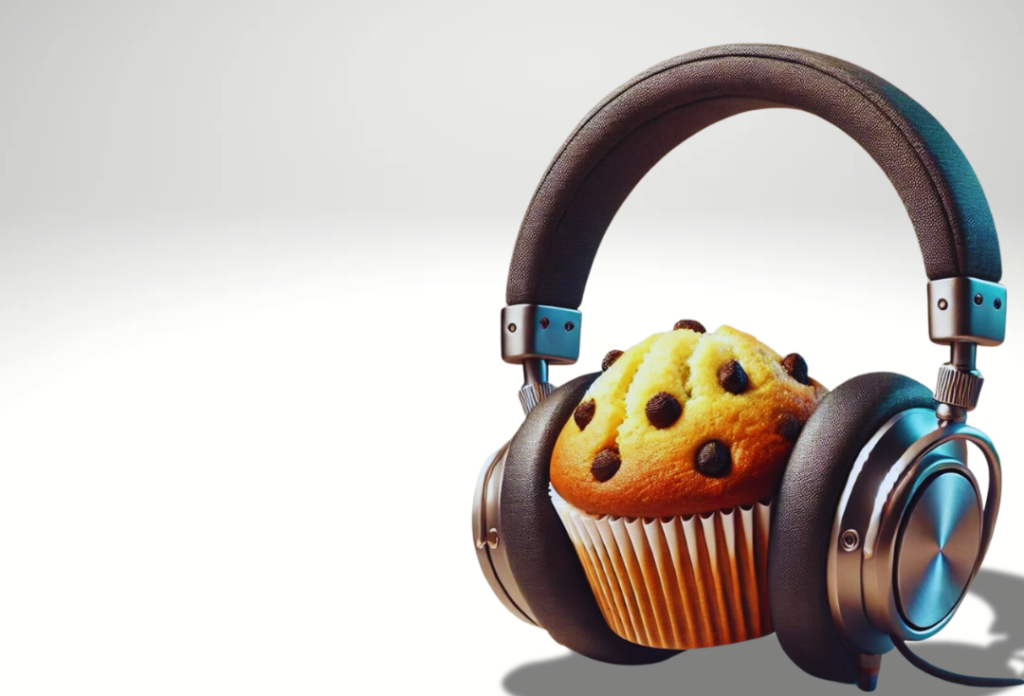 A picture of over the ears headphones with a chocolate chip muffin in between the ear peices.