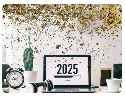 An image showcasing a desk, with laptop, clock, phones, and more. Designed in a festive way to match the new year campaign blog.