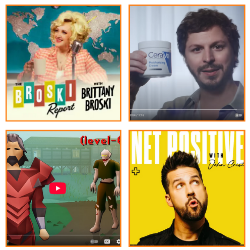 Screenshots from podcasts and YouTube ads appearing on Settled, The Broski Report with Brittany Broski, the Super Bowl and Net Positive with John Crist