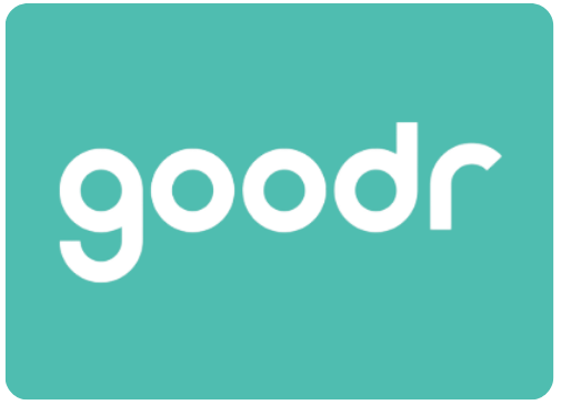 goodr sunglasses logo in white on a teal background, representing the goodr host-read podcast ad on I Think Not!