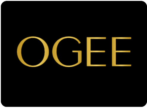 Ogee organic beauty logo in gold lettering on a black background, representing the Ogee host-read podcast ad on Dear Shandy