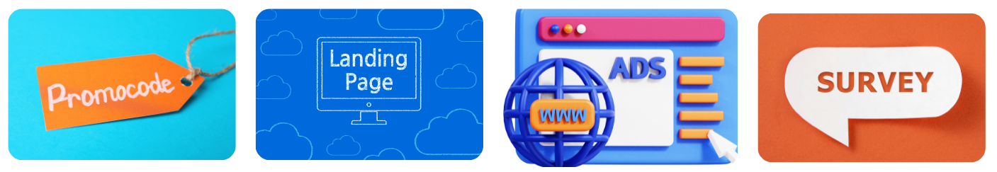 Podcast Ad Metrics That Matter Icons representing key podcast ad metrics: promo code tag, landing page graphic, web ads display, and survey bubble