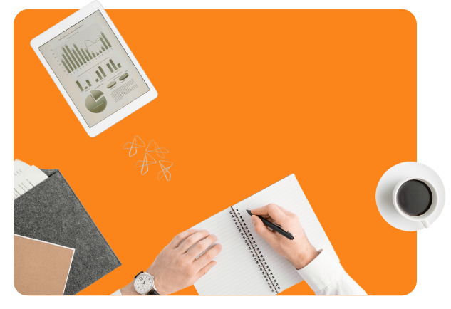 Flat lay image featuring hands writing in a notebook with a coffee cup, digital tablet showing marketing data charts, and office folders—representing podcast advertising strategy, pixel tracking analysis, and campaign planning.
