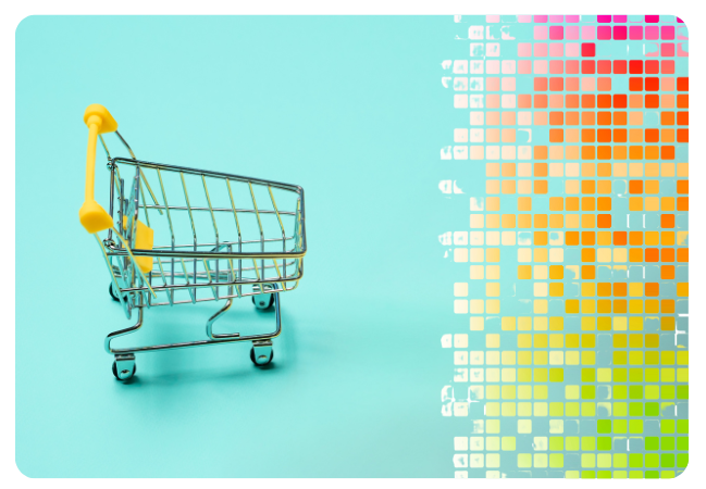 Shopping cart on a digital background symbolizing pixel tracking and eCommerce attribution, representing how podcast advertising pixels capture listener behavior and conversion data.