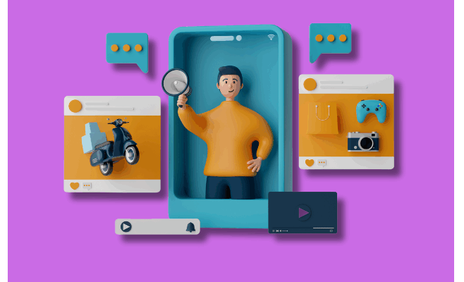 3D illustration of a person emerging from a smartphone holding a magnifying glass, surrounded by icons of a scooter, shopping bag, video controller, and media player—symbolizing how podcast advertising pixel tracking uncovers real listener behavior across products, content, and channels.