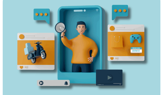 3D illustration of a person emerging from a smartphone holding a magnifying glass, surrounded by icons of a scooter, shopping bag, video controller, and media player—symbolizing how podcast advertising pixel tracking uncovers real listener behavior across products, content, and channels.
