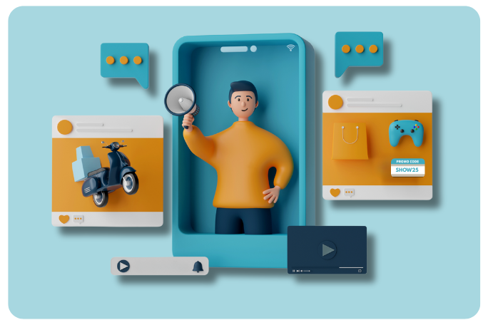 3D illustration of a person emerging from a smartphone holding a magnifying glass, surrounded by icons of a scooter, shopping bag, video controller, and media player—symbolizing how podcast advertising pixel tracking uncovers real listener behavior across products, content, and channels.