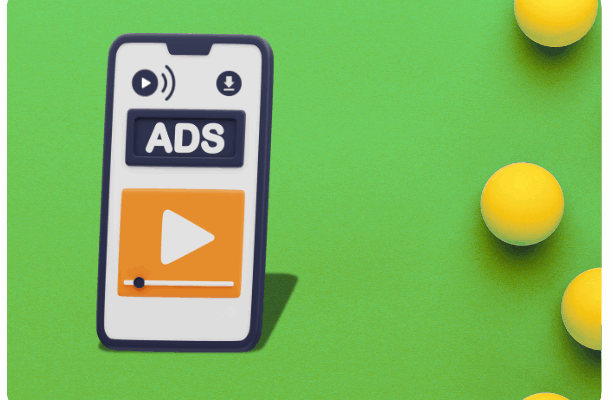 Mobile phone showing podcast ad interface with a play button and volume icon, highlighting audio ad delivery in both streamed and downloaded formats.