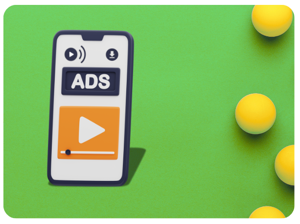 Mobile phone showing podcast ad interface with a play button and volume icon, highlighting audio ad delivery in both streamed and downloaded formats.