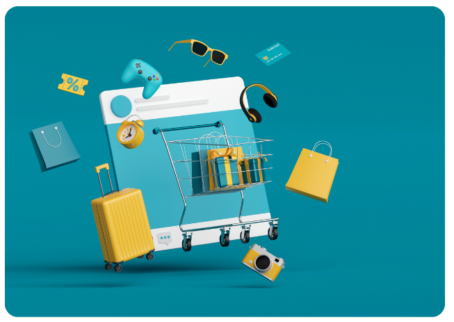3D illustration of a digital shopping cart filled with products like luggage, headphones, and gifts, surrounded by online shopping icons—symbolizing consumer behavior tracking, multi-touch attribution, and podcast advertising conversion paths.