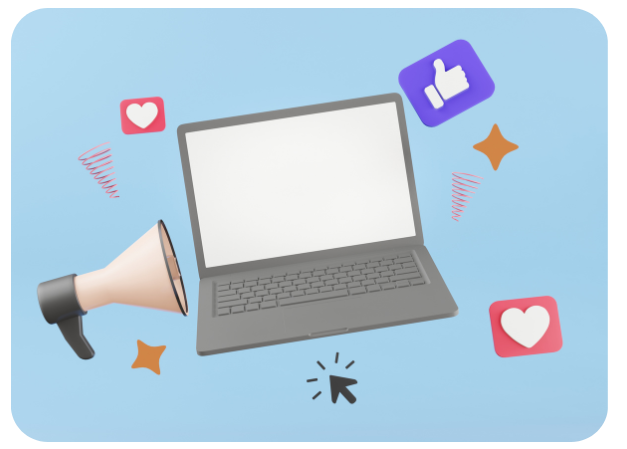 best fit for your campaign Digital marketing concept featuring a laptop surrounded by social engagement icons and a megaphone, representing the diverse reach of podcast and streaming ad campaigns