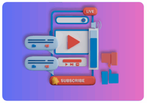 3D illustration of YouTube interface elements including a play button, live streaming icon, chat bubbles, thumbs-up and thumbs-down icons, and a red subscribe button—representing YouTube sponsorship and engagement.