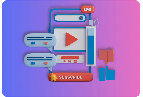 3D illustration of YouTube interface elements including a play button, live streaming icon, chat bubbles, thumbs-up and thumbs-down icons, and a red subscribe button—representing YouTube sponsorship and engagement.