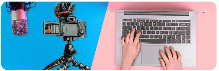 YouTube and Podcast Together (2) Split-screen image showing a podcast microphone and camera setup on one side and hands typing on a laptop on the other, symbolizing YouTube and podcast advertising working together
