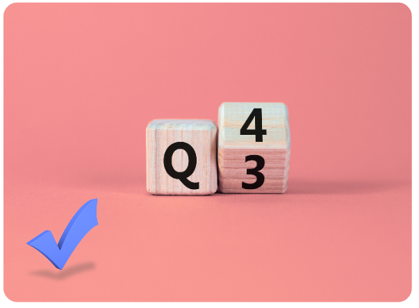 Q4 Plan Wooden blocks transitioning from Q3 to Q4 with a checkmark symbol—representing Q4 podcast advertising planning and seasonal campaign strategy.