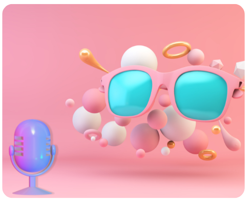 Colorful 3D podcast microphone and sunglasses floating in a pink background with abstract shapes, symbolizing summer podcast advertising creativity