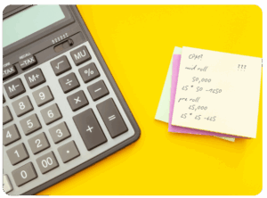 lose-up of a calculator and colorful sticky notes with CPM math for podcast advertising, calculating mid-roll and pre-roll ad costs on a bright yellow background