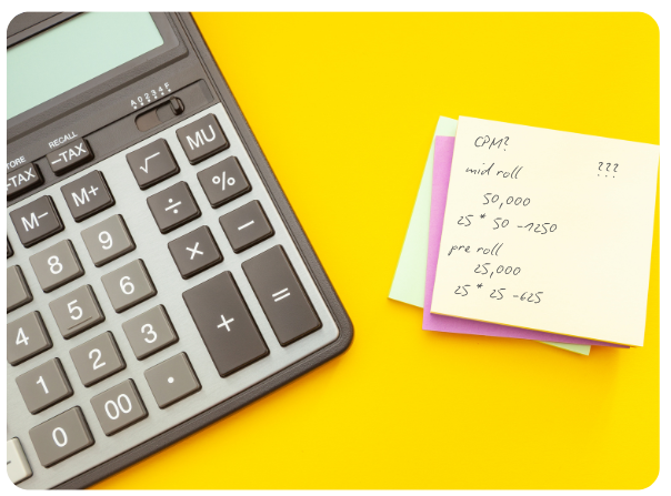 lose-up of a calculator and colorful sticky notes with CPM math for podcast advertising, calculating mid-roll and pre-roll ad costs on a bright yellow background