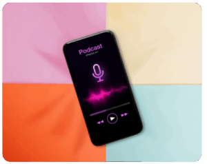 Smartphone displaying a podcast app screen with a microphone icon and sound waves.