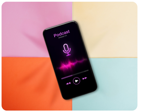Smartphone displaying a podcast app screen with a microphone icon and sound waves.