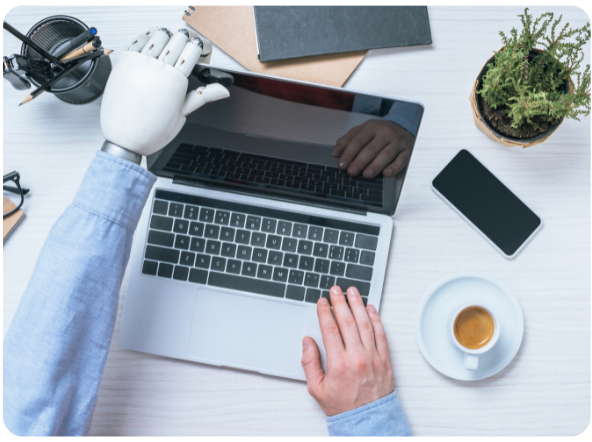 Human hand and robotic hand working together on a laptop, symbolizing artificial intelligence in podcast creation and the call for transparency.