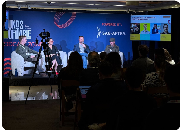 Adam McNeil of ADOPTER Media speaks alongside leaders from Ollie, Podscribe, and Fairing during their “Ollie’s Podcast Ad Playbook: 250% Conversion Lift” panel at Advertising Week New York 2025 inside the Podcast Zone, presented by SAG-AFTRA.