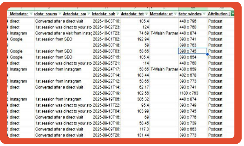 Spreadsheet showing varied attribution sources including direct, SEO, Instagram, and podcast, highlighting mixed performance signals.