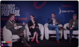 Four podcast industry leaders speaking on stage at the Sounds Profitable Podcast Zone during Advertising Week New York, discussing podcast attribution and measurement.