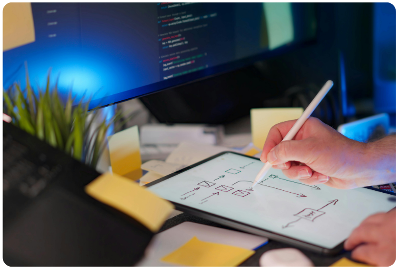 Person sketching a customer journey map on a tablet, illustrating how different signals contribute to podcast attribution.
