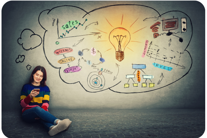 Woman sitting on the floor next to an illustrated marketing strategy bubble featuring a glowing lightbulb, sales icons, audience signals, and campaign planning elements, representing how startups can navigate the podcast advertising landscape.
