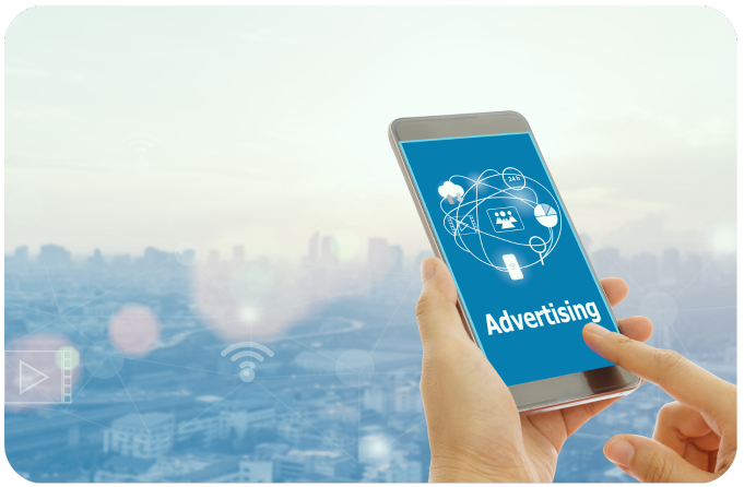 Hand holding a smartphone displaying an advertising screen over a city skyline, symbolizing digital ad saturation and the need for smarter strategies.