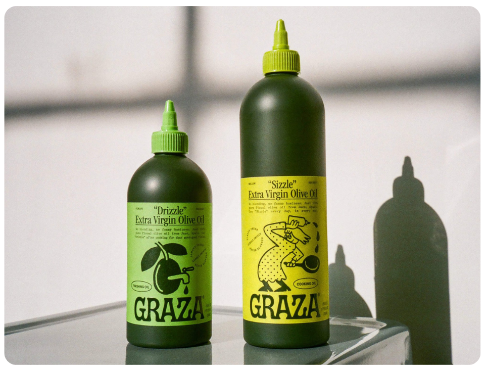 Graza Drizzle and Sizzle extra virgin olive oil bottles featured in podcast retail lift case study