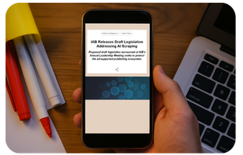 Smartphone displaying news about IAB legislation addressing AI use of publisher content, representing concerns about AI scraping and the future of ad supported media