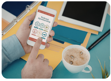 Hand holding a smartphone showing a podcast sponsorship app with category icons