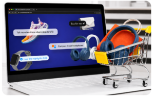 Laptop displaying Amazon Hear the Highlights with shopping cart full of products including headphones