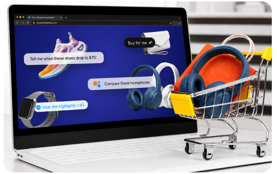 Laptop displaying Amazon Hear the Highlights with shopping cart full of products including headphones