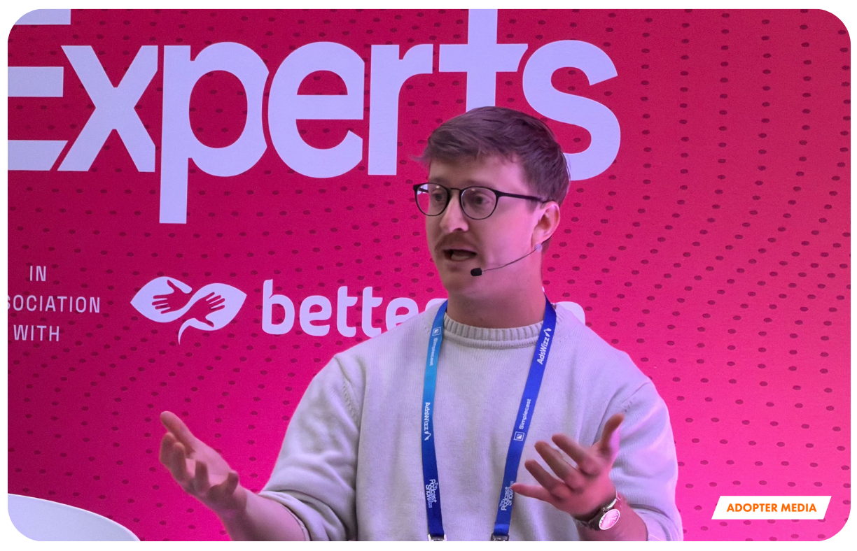 Adam McNeil of ADOPTER Media speaking on the Ask The Experts Stage at The Podcast Show 2026 in London