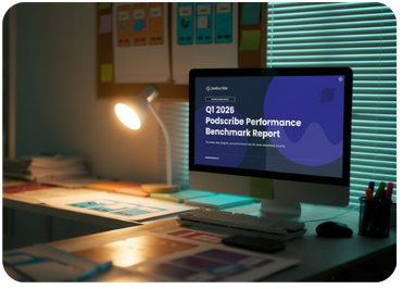 Q1 2026 Podscribe Performance Benchmark Report displayed on a desktop monitor