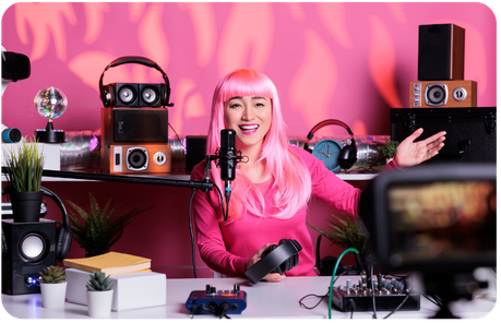 Podcast host recording an episode in a personality-forward home studio