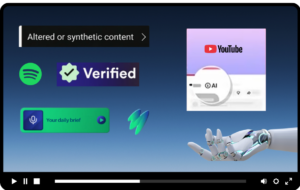 Video player frame showing a YouTube altered or synthetic content label, AI detection magnifier, Spotify Verified badge, and an AI daily brief feature, with a robot hand reaching in