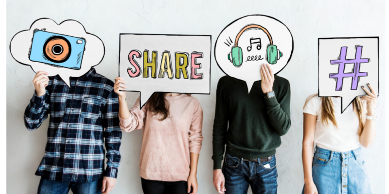 Four people holding speech bubbles with camera, share, headphones, and hashtag icons representing podcast formats