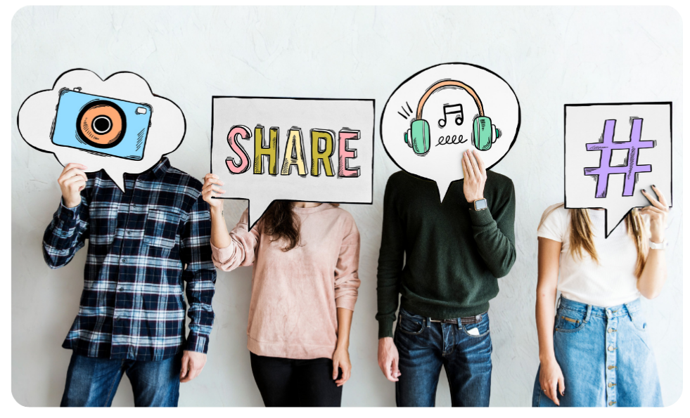 Four people holding speech bubbles with camera, share, headphones, and hashtag icons representing podcast formats