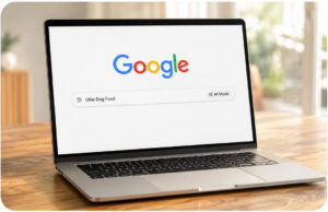 Laptop on a wooden desk showing a Google search for a brand name, illustrating podcast-driven branded search
