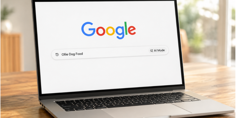 Laptop on a wooden desk showing a Google search for a brand name, illustrating podcast-driven branded search