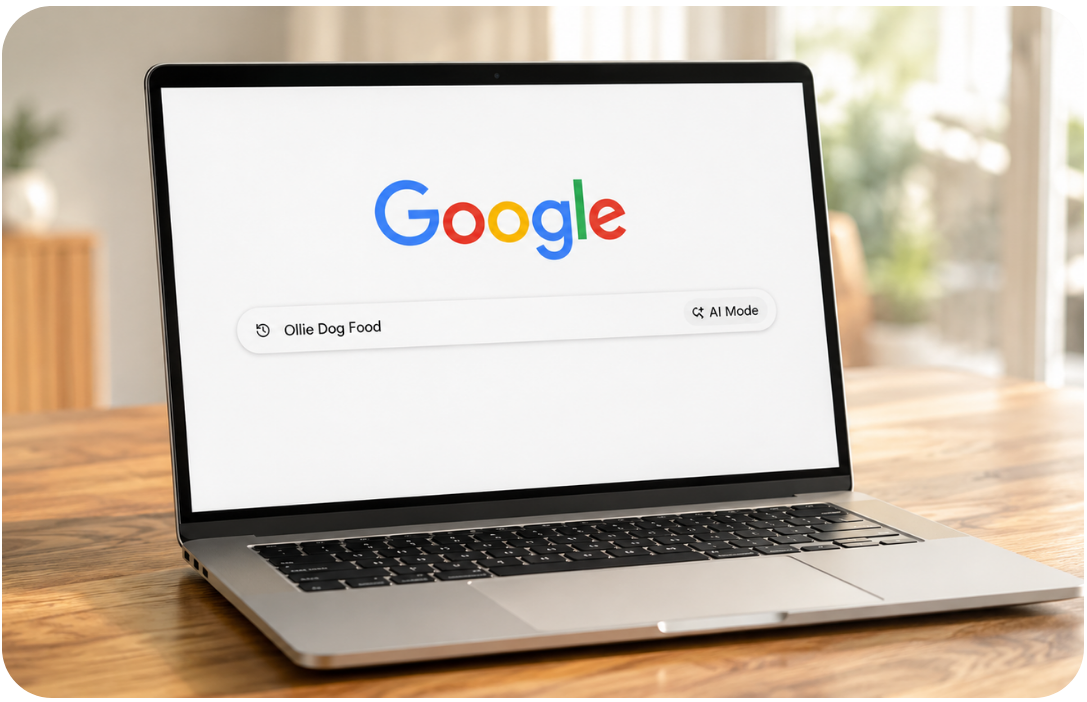 Laptop on a wooden desk showing a Google search for a brand name, illustrating podcast-driven branded search