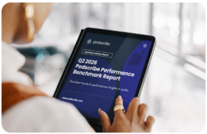 Person viewing the Q2 2026 Podscribe Performance Benchmark Report on a tablet screen.