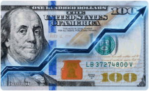Hundred dollar bill overlaid with a rising line chart, representing podcast advertising measurement and spend