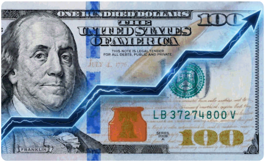 Hundred dollar bill overlaid with a rising line chart, representing podcast advertising measurement and spend